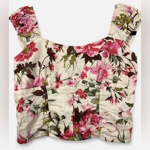 Abercrombie & Fitch Women's Small Floral Linen Cotton Blend Smocked Crop Top
